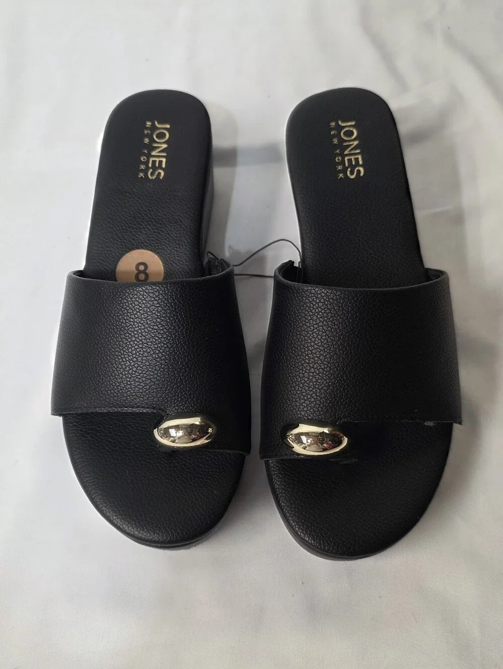 Jones New York Junely Black Platform Slide Sandals with Goldtone Accent Size 8